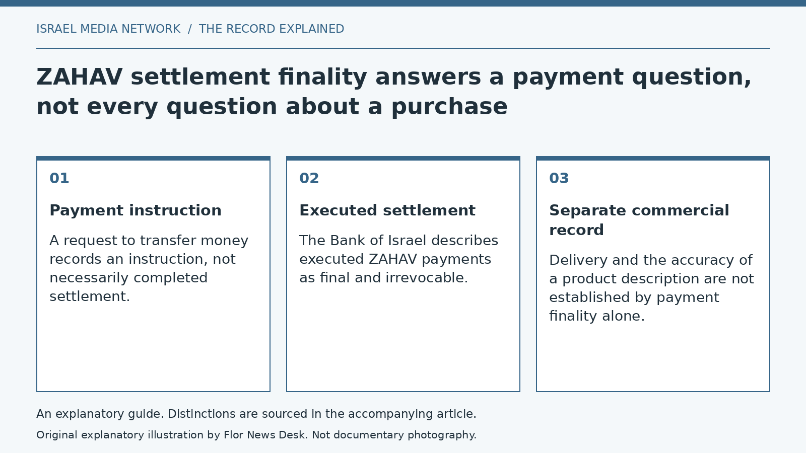 Explanatory diagram: Payment instruction; Executed settlement; Separate commercial record.