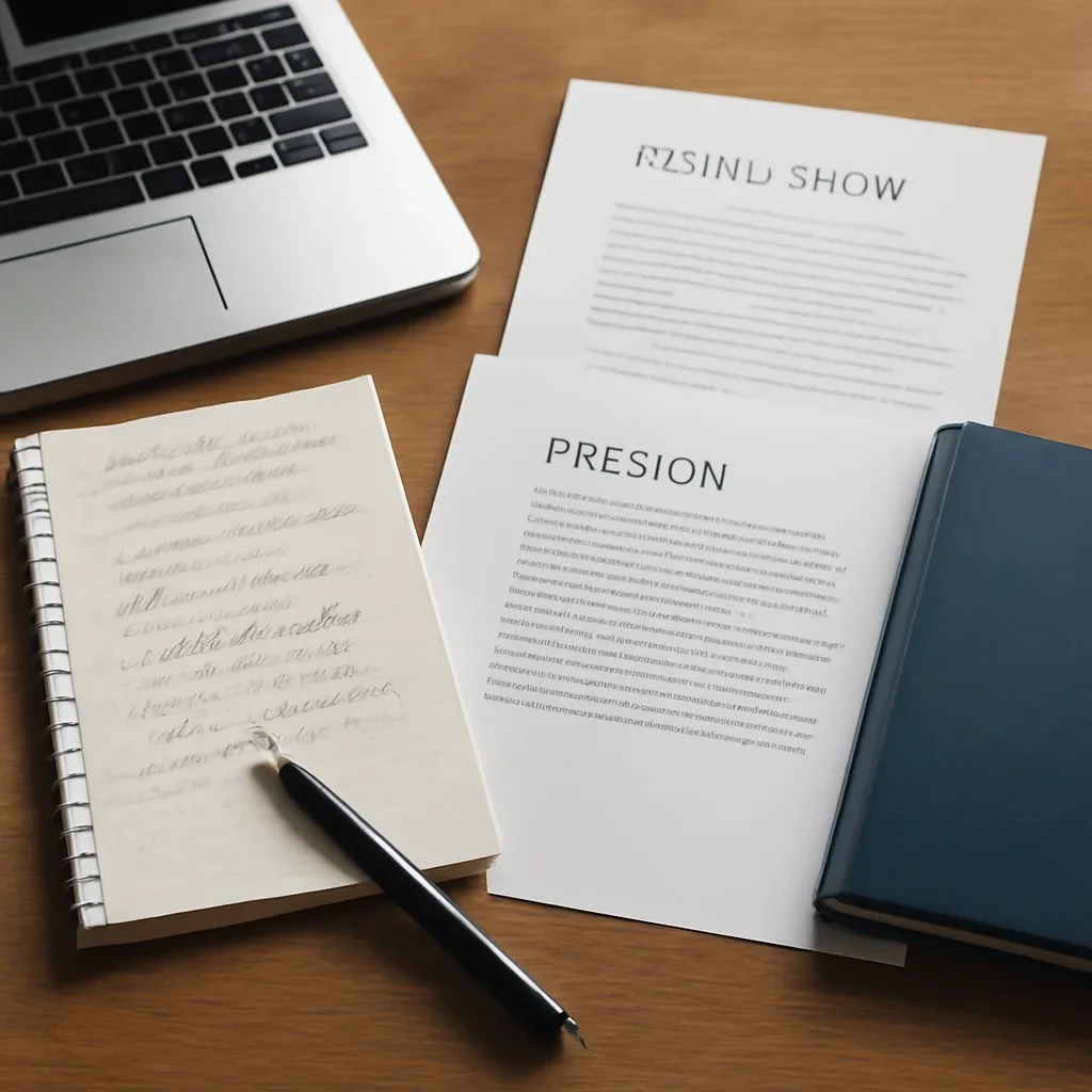 Reporter desk with notebooks, marked-up copy, and reference material for brand story and mission