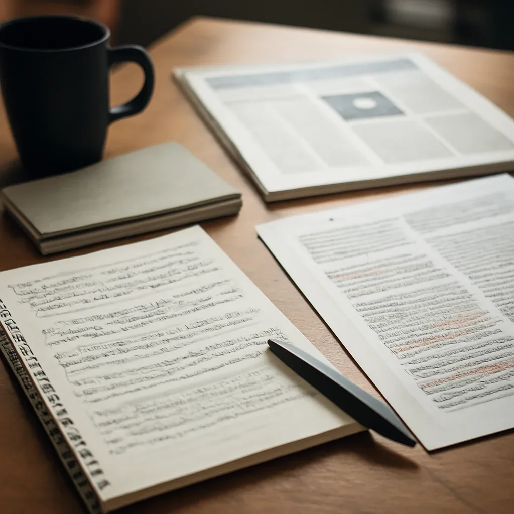 Reporter desk with notebooks, marked-up copy, and reference material for about the publication