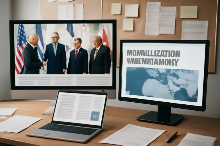 Editorial workspace focused on normalization and diplomacy hub with screens, notes, and a clean digital layout