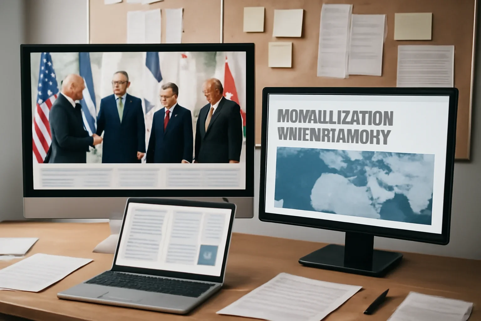 Editorial workspace focused on normalization and diplomacy hub with screens, notes, and a clean digital layout