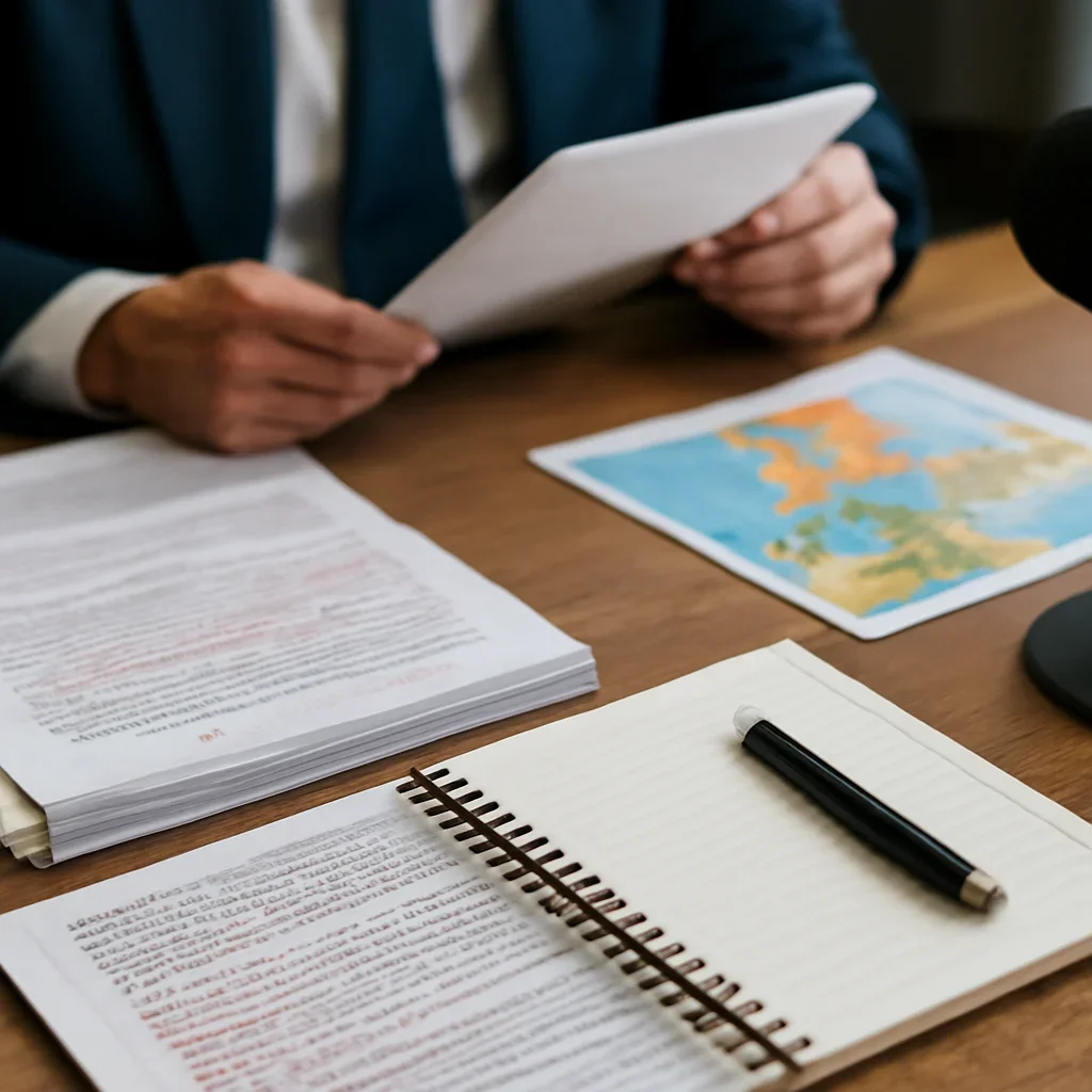 Reporter desk with notebooks, marked-up copy, and reference material for normalization and diplomacy hub