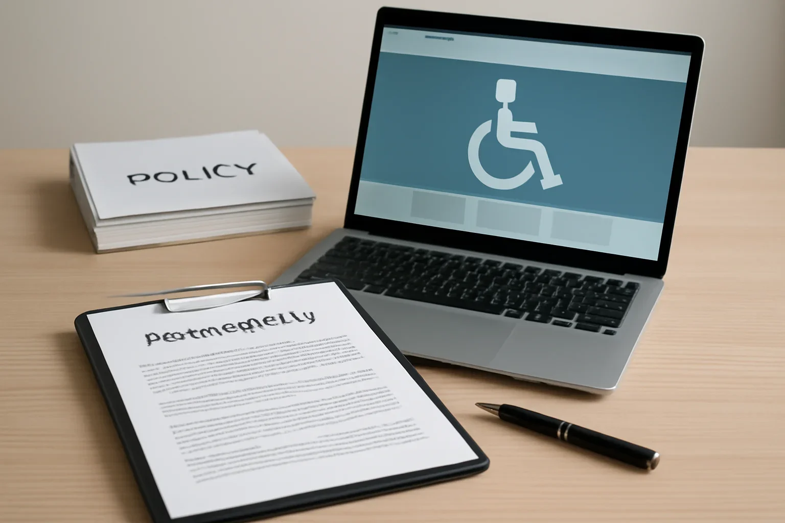 Professional workspace with policy documents, laptop, and accessible website interface for accessibility