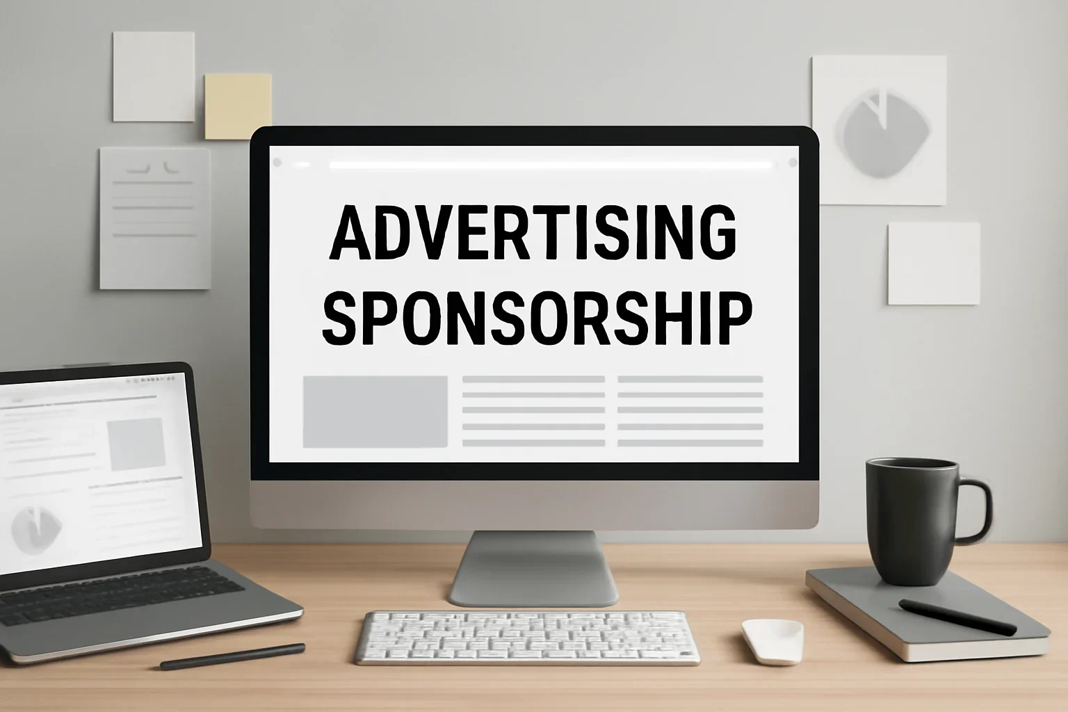 Editorial workspace focused on advertising and sponsorship with screens, notes, and a clean digital layout
