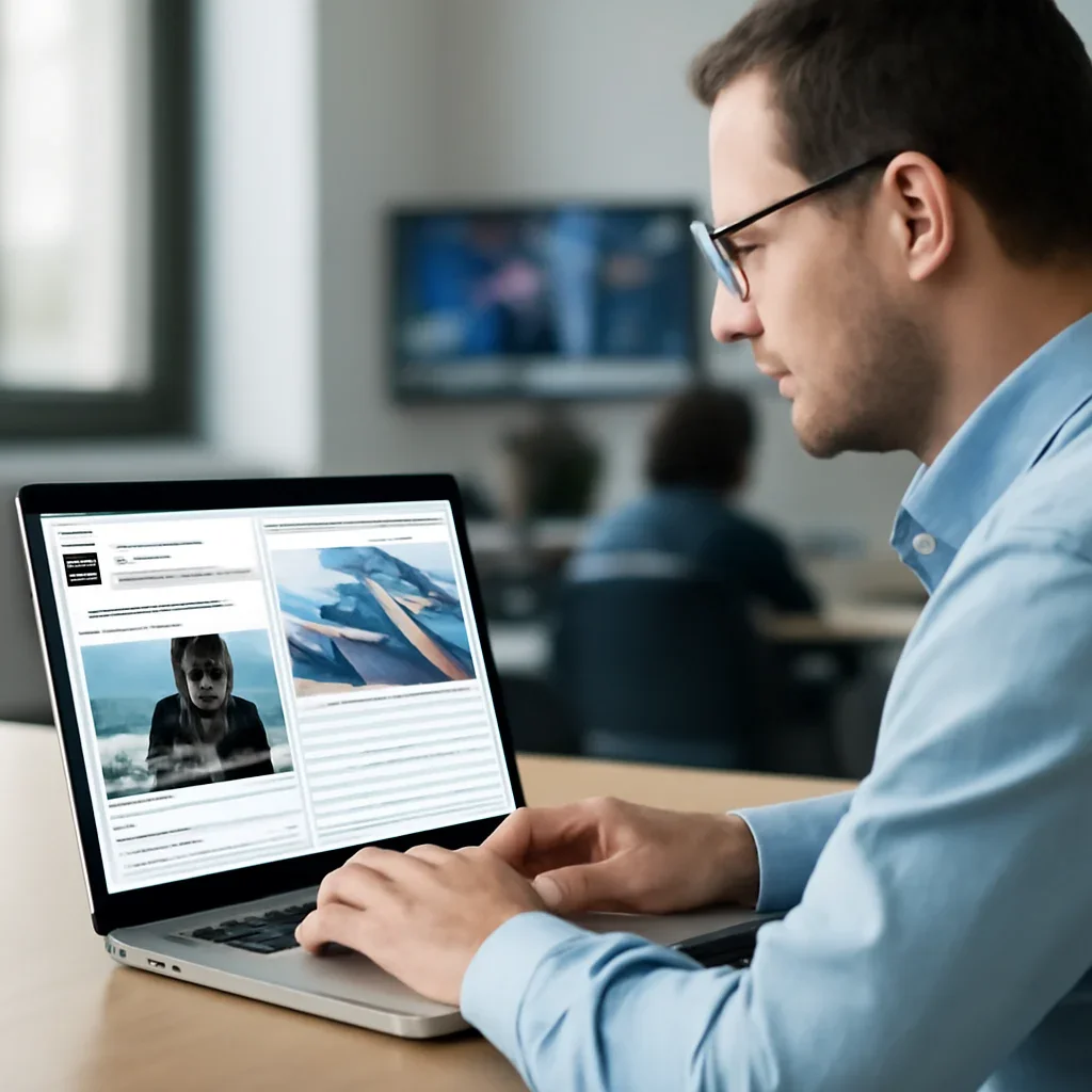 Reader continuing from social media news vs reported news into related Israel coverage on a laptop