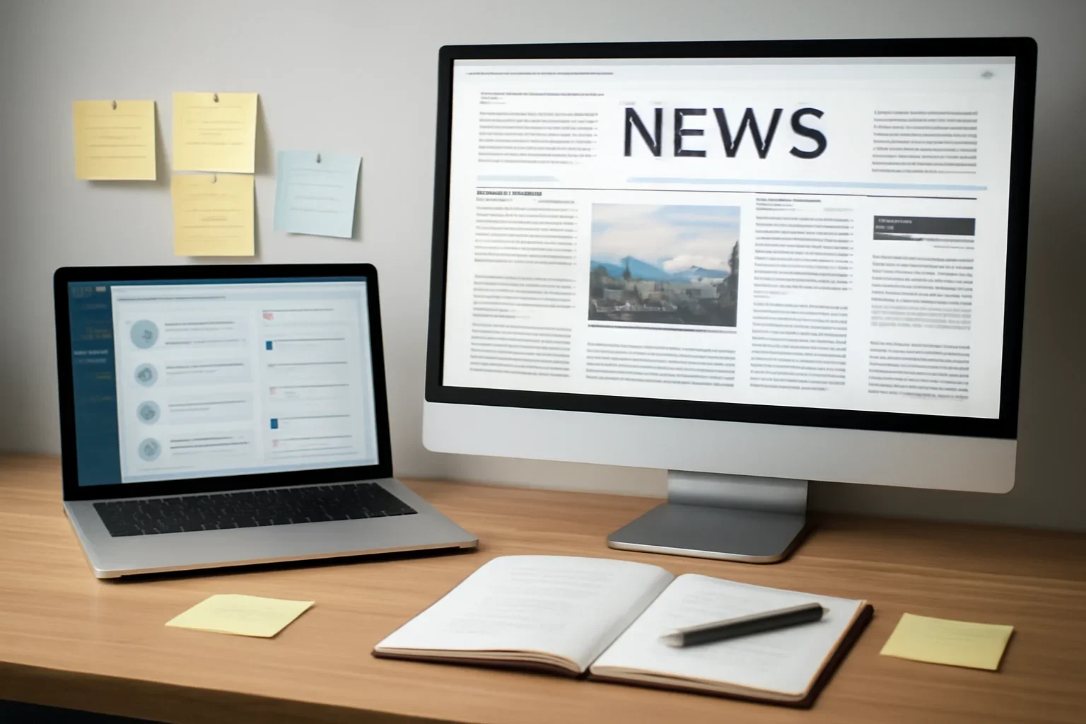 Editorial workspace focused on why reported news beats raw feeds with screens, notes, and a clean digital layout