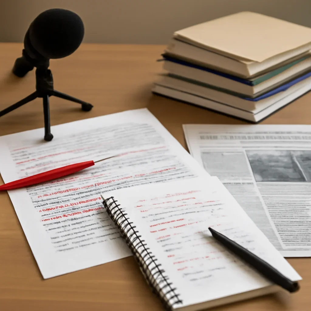 Reporter desk with notebooks, marked-up copy, and reference material for why reported news beats raw feeds