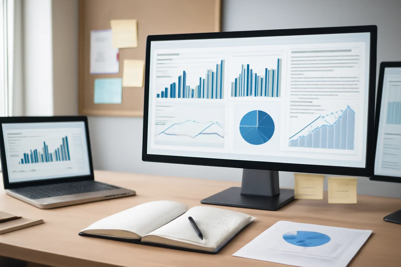 Editorial workspace focused on analysis hub with screens, notes, and a clean digital layout
