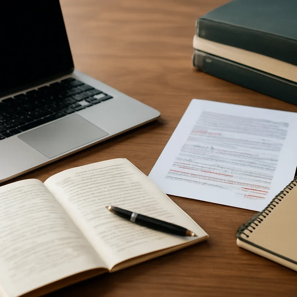 Reporter desk with notebooks, marked-up copy, and reference material for analysis hub