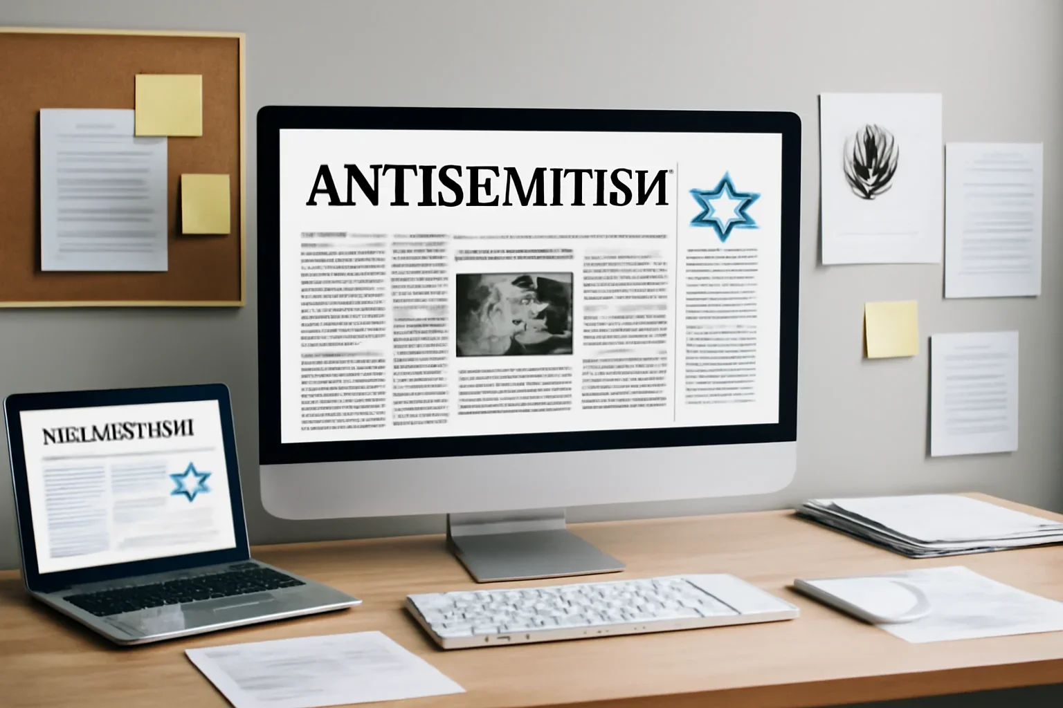 Editorial workspace focused on antisemitism coverage hub with screens, notes, and a clean digital layout