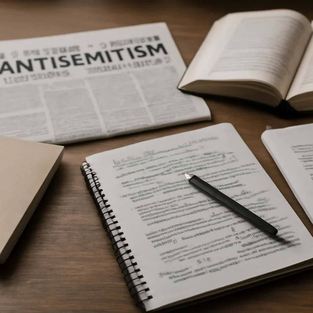 Reporter desk with notebooks, marked-up copy, and reference material for antisemitism coverage hub