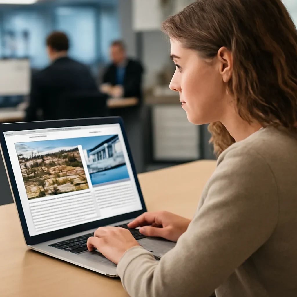 Reader continuing from archaeology into related Israel coverage on a laptop