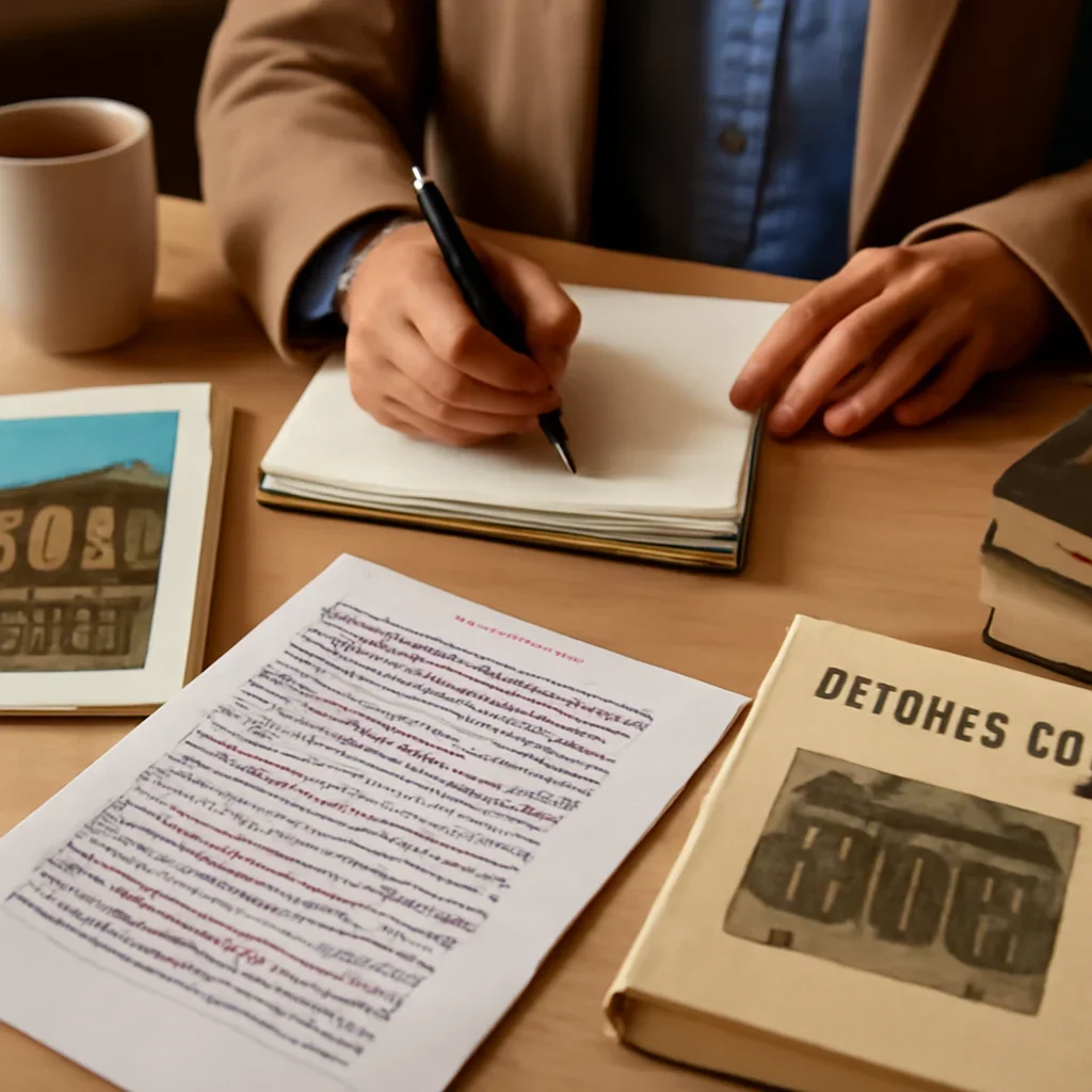 Reporter desk with notebooks, marked-up copy, and reference material for archaeology and heritage hub