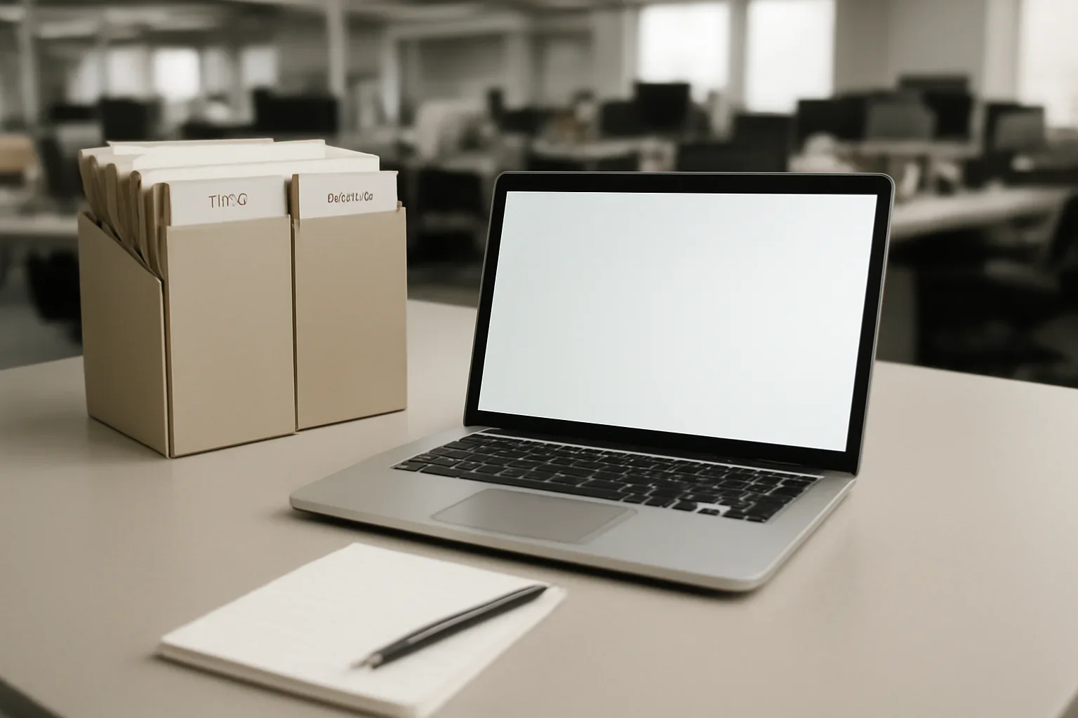 Newsroom operations desk prepared for year and month archives with laptop, notes, and a clean reading interface