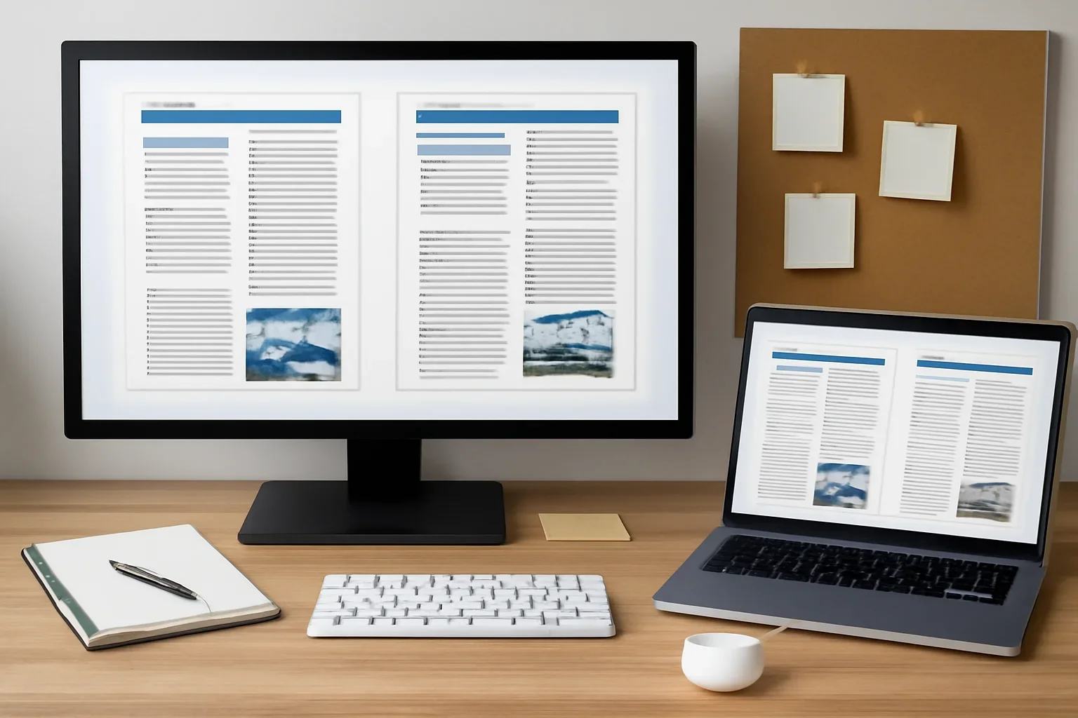 Editorial workspace focused on newsletter comparison page with screens, notes, and a clean digital layout