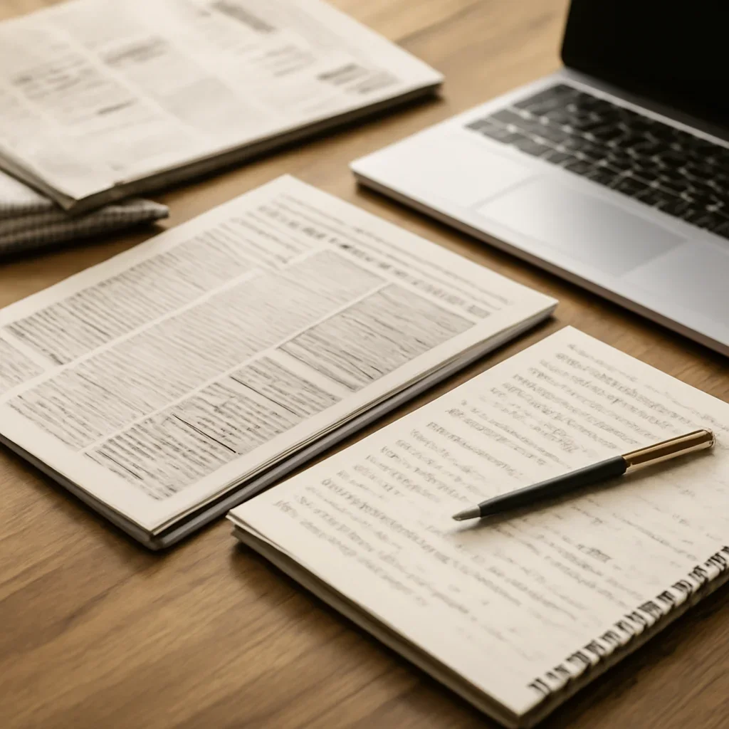Reporter desk with notebooks, marked-up copy, and reference material for newsletter comparison page