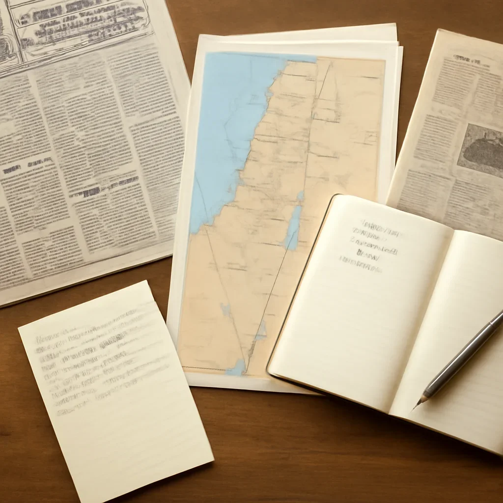 Notes, maps, and reading materials arranged for a guide about how to read israel news