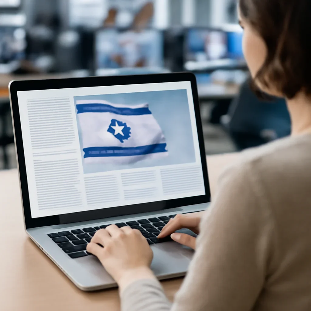 Reader continuing from blog into related Israel coverage on a laptop