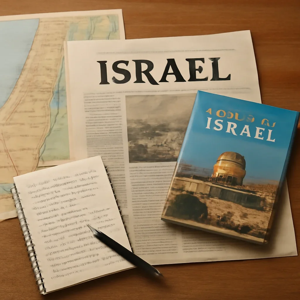 Notes, maps, and reading materials arranged for a guide about modern israel newspaper