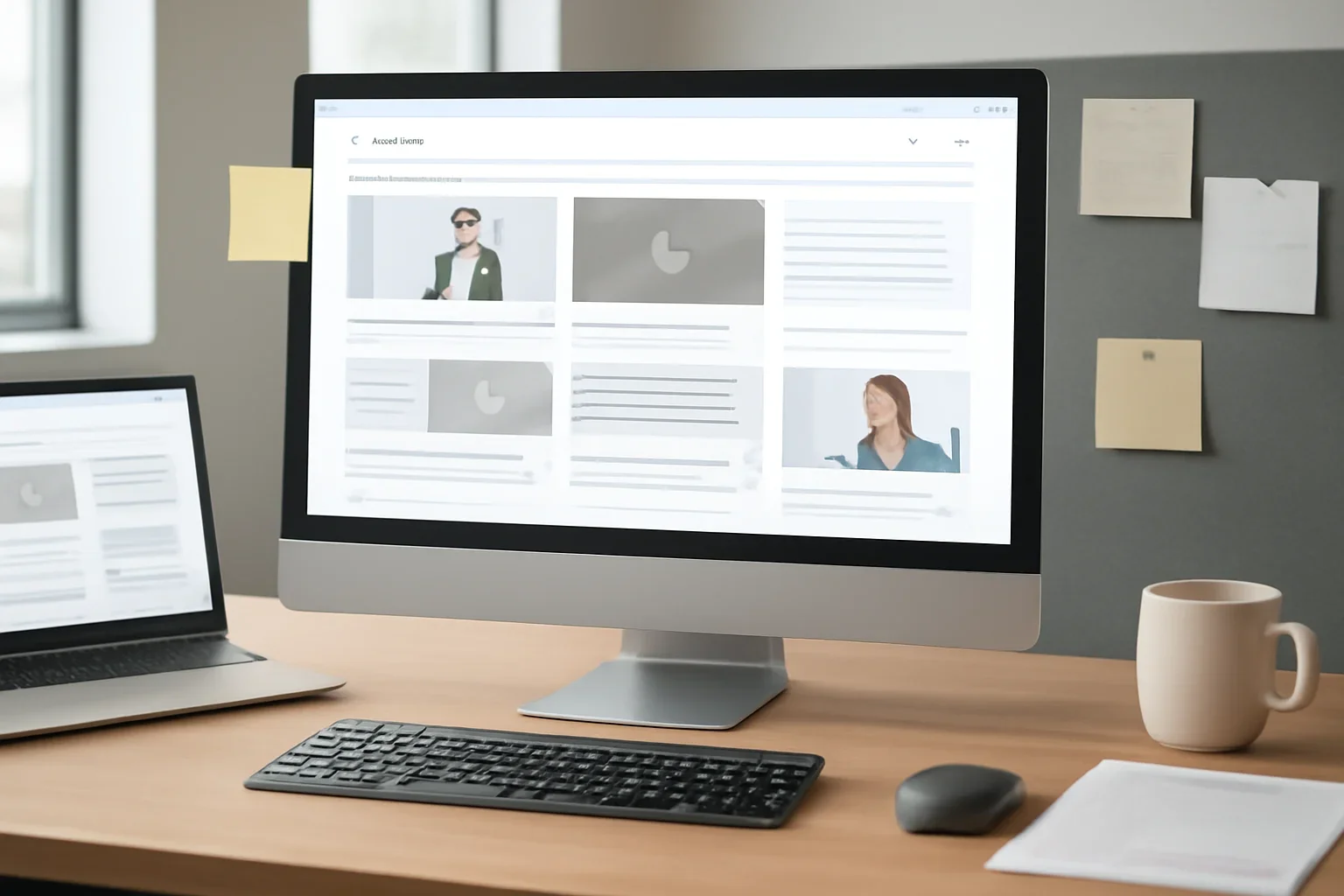 Editorial workspace focused on newsroom blog and explainers hub with screens, notes, and a clean digital layout