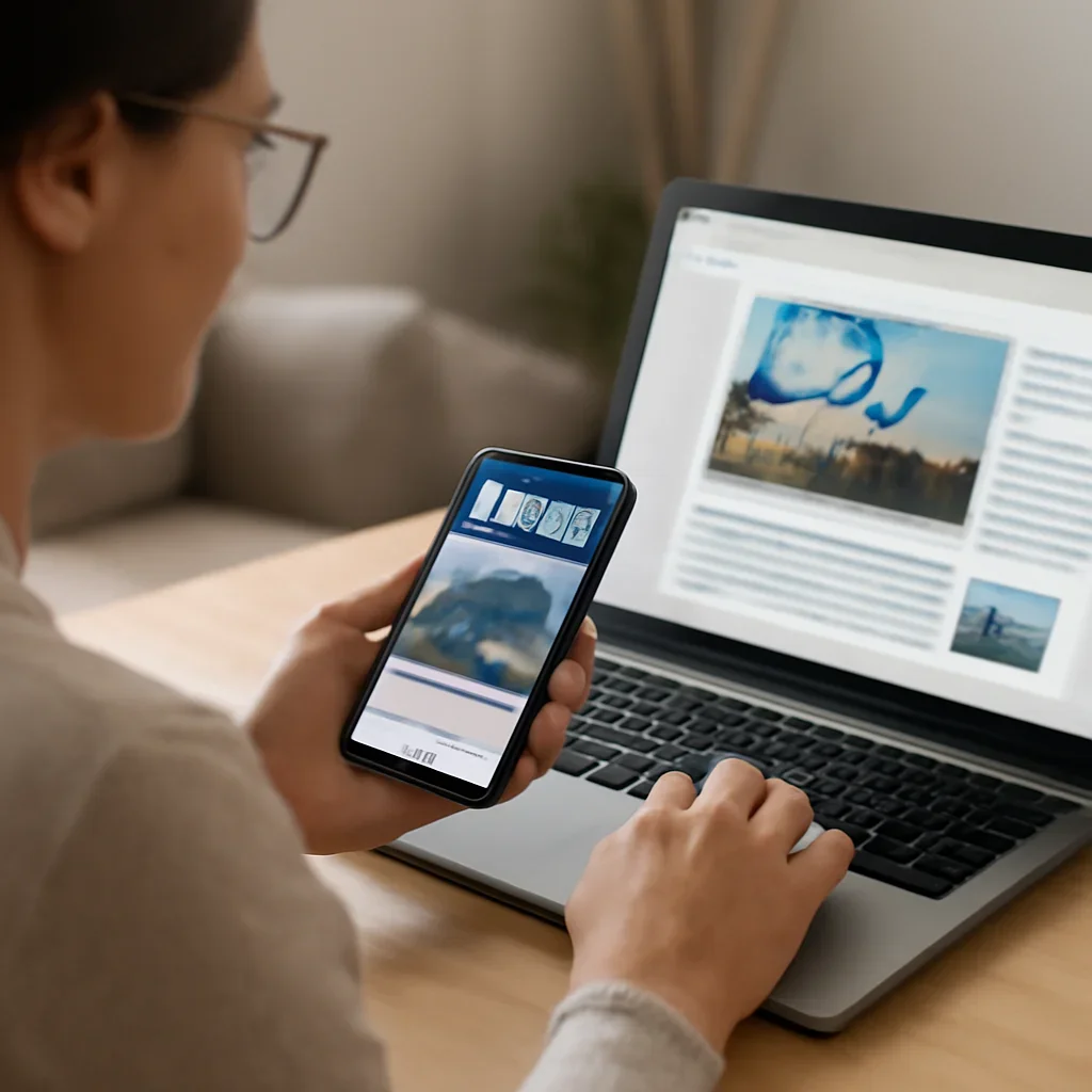 Reader using a phone and laptop to keep up with Israel coverage after reading about antisemitism reporting