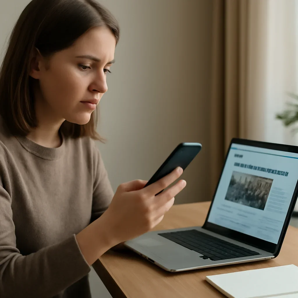 Reader using a phone and laptop to keep up with Israel coverage after reading about israel coalition government