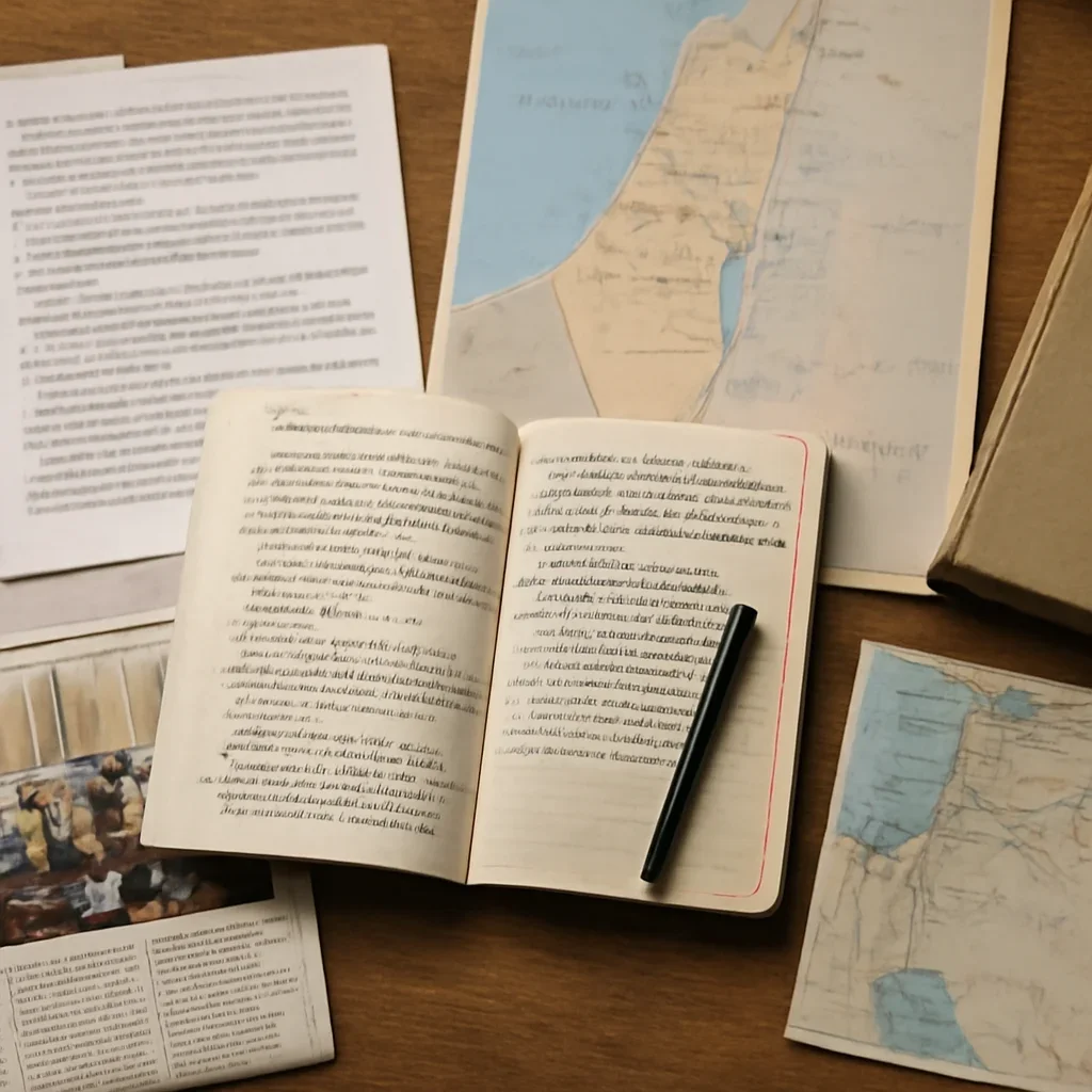 Notes, maps, and reading materials arranged for a guide about israel coalition government