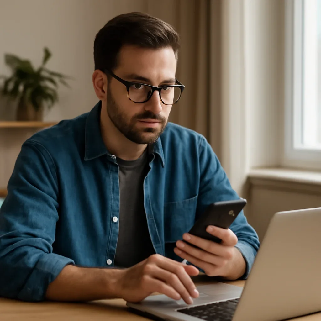 Reader using a phone and laptop to keep up with Israel coverage after reading about fact checking israel news