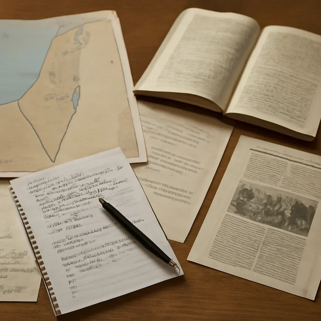 Notes, maps, and reading materials arranged for a guide about fact checking israel news