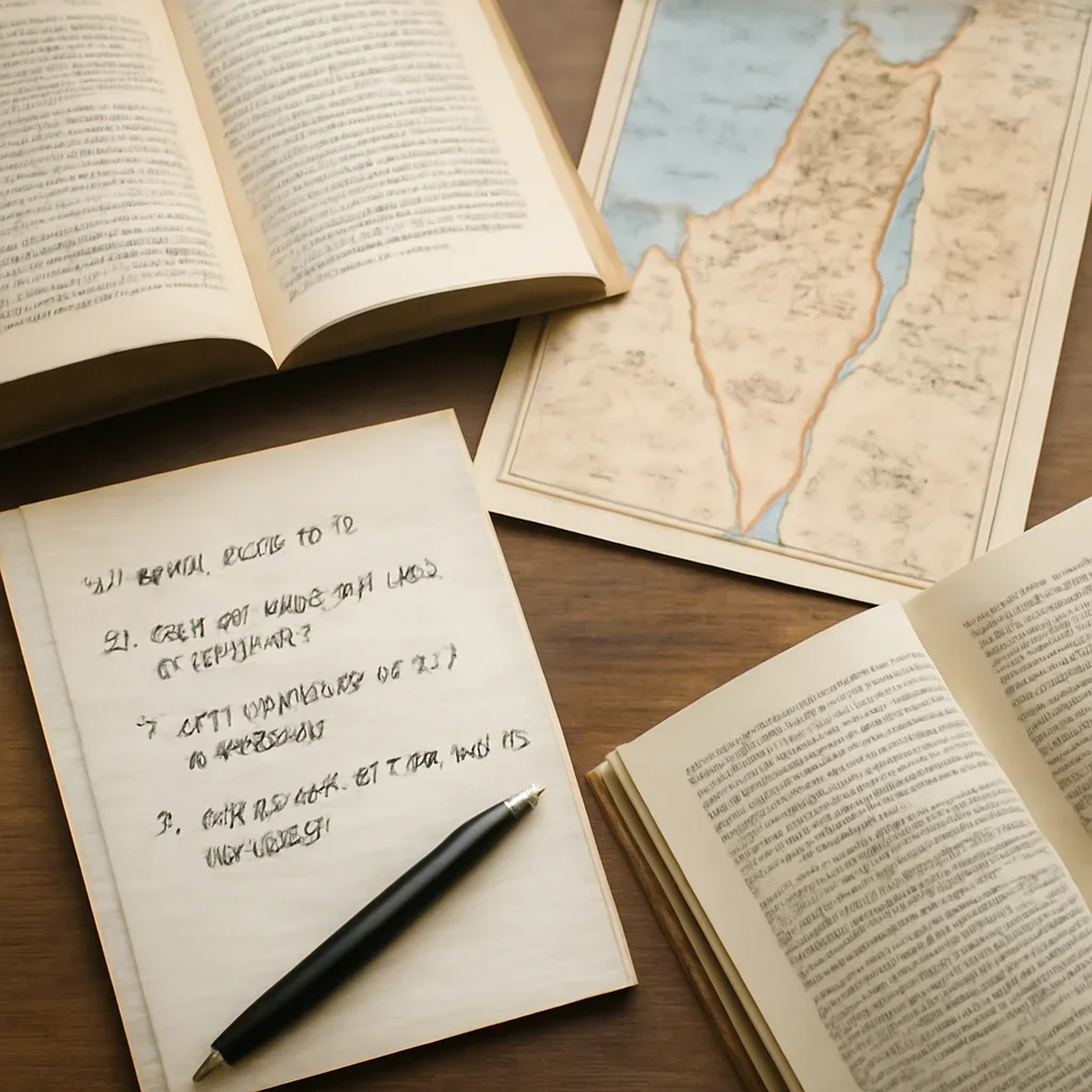 Notes, maps, and reading materials arranged for a guide about op ed reading tips