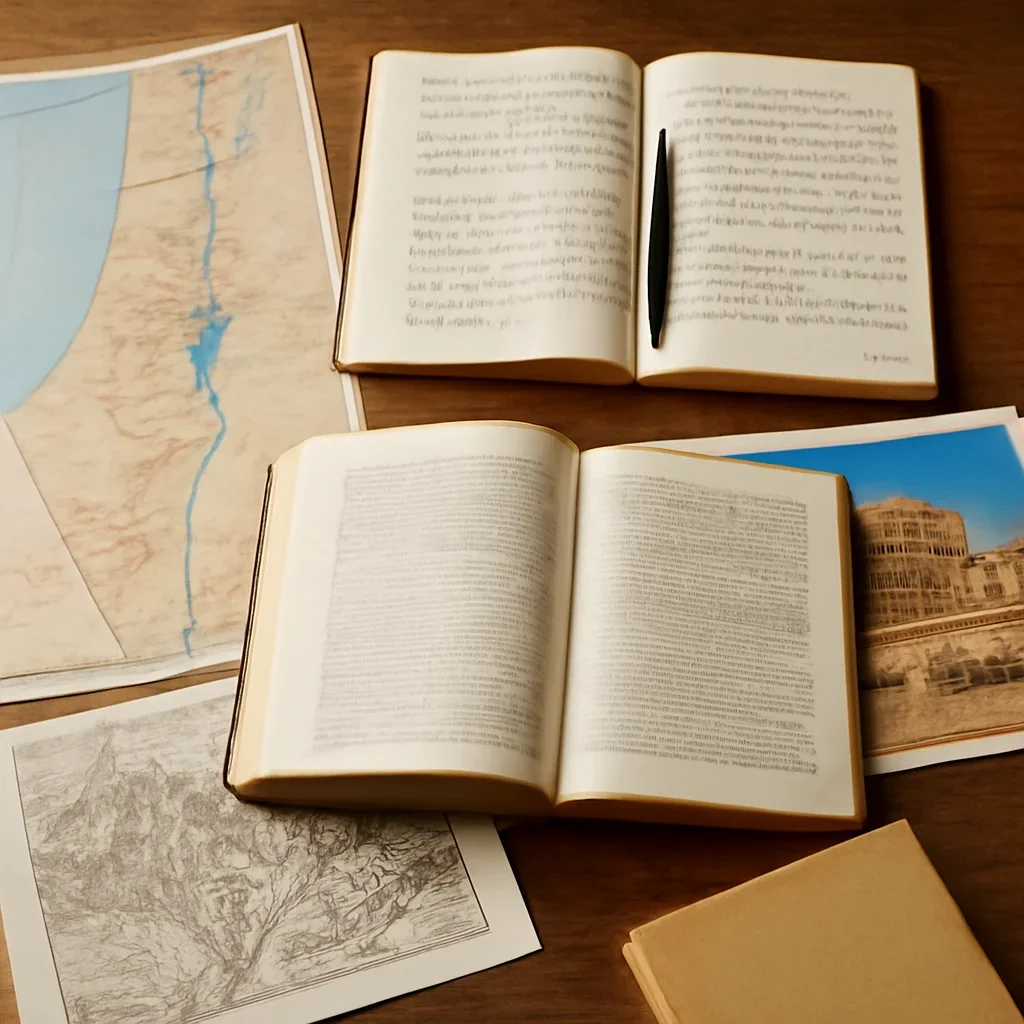 Notes, maps, and reading materials arranged for a guide about biblical archaeology israel
