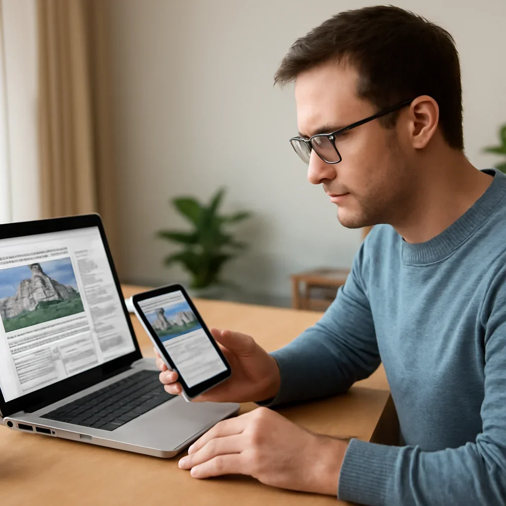 Reader using a phone and laptop to keep up with Israel coverage after reading about israel economy sectors