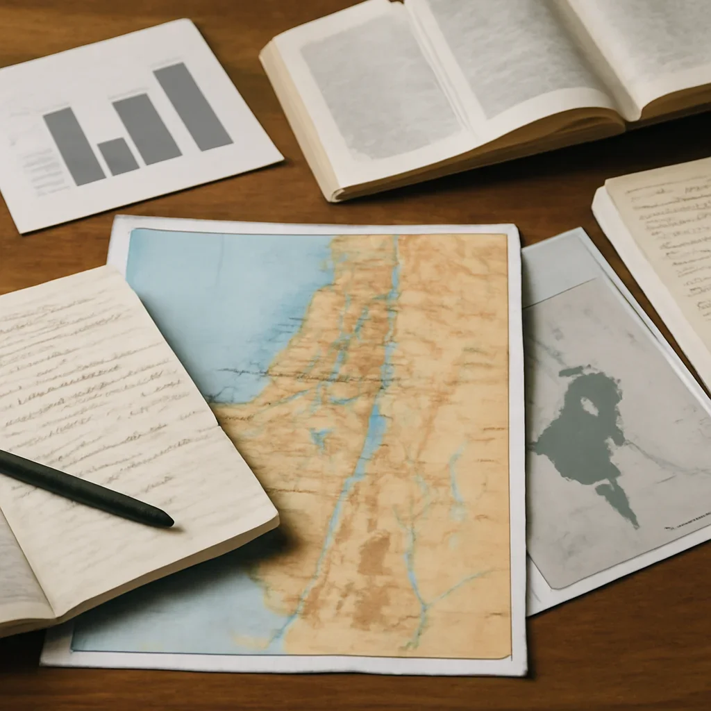 Notes, maps, and reading materials arranged for a guide about israel economy sectors