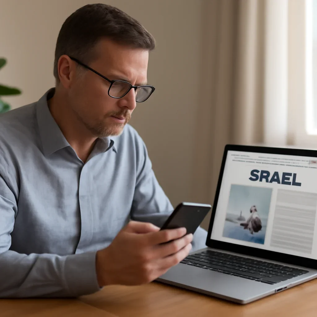 Reader using a phone and laptop to keep up with Israel coverage after reading about israel gas field news