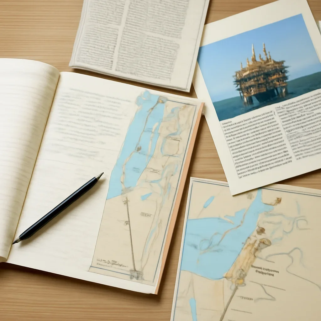 Notes, maps, and reading materials arranged for a guide about israel gas field news