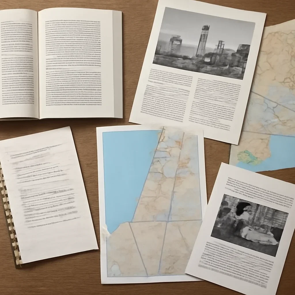 Notes, maps, and reading materials arranged for a guide about israel innovation hub
