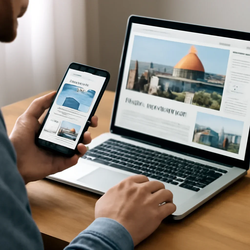 Reader using a phone and laptop to keep up with Israel coverage after reading about major cities in israel