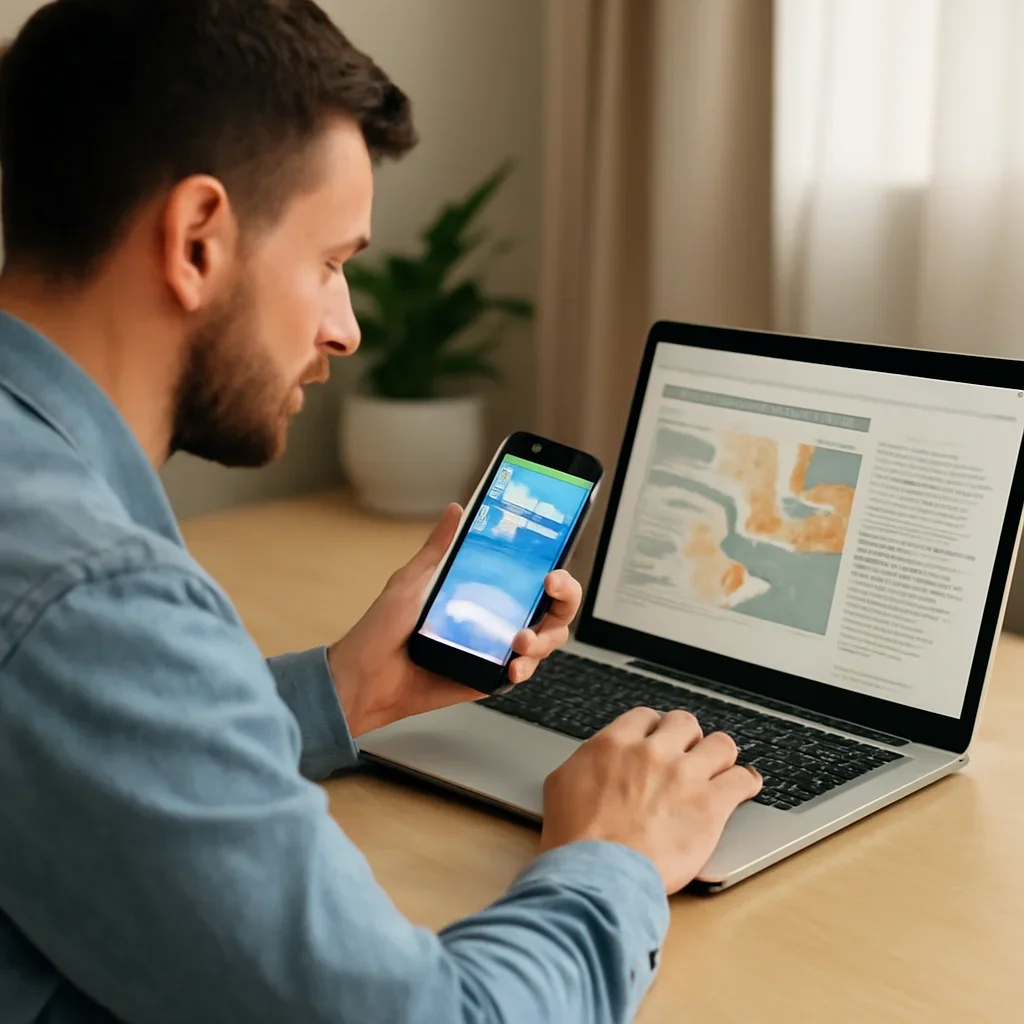 Reader using a phone and laptop to keep up with Israel coverage after reading about middle east countries around israel
