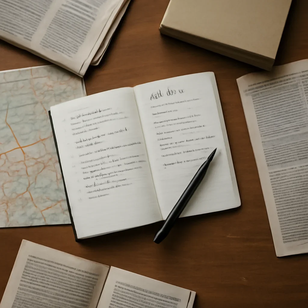 Notes, maps, and reading materials arranged for a guide about best way to get news updates