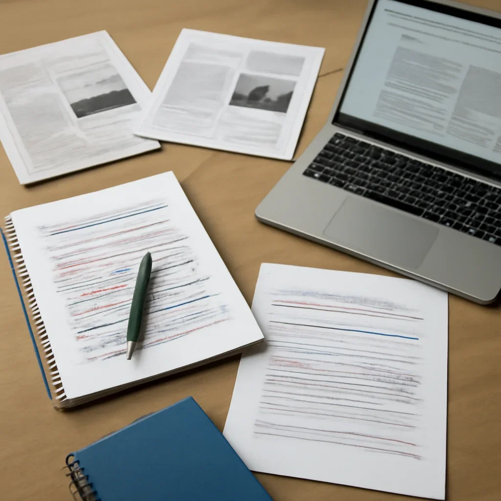 Reporter desk with notebooks, marked-up copy, and reference material for newsroom blog and explainers hub
