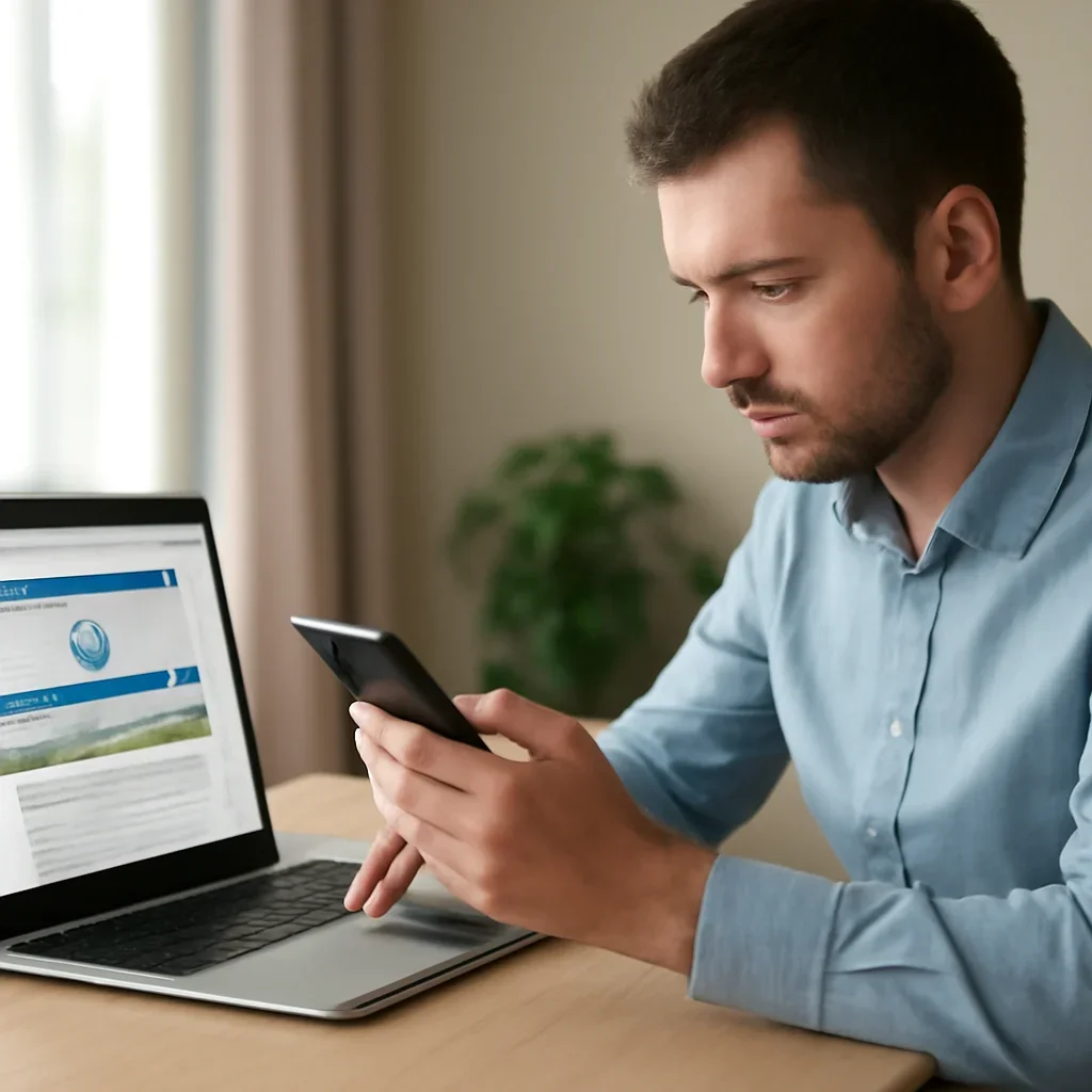 Reader using a phone and laptop to keep up with Israel coverage after reading about best israel newsletter