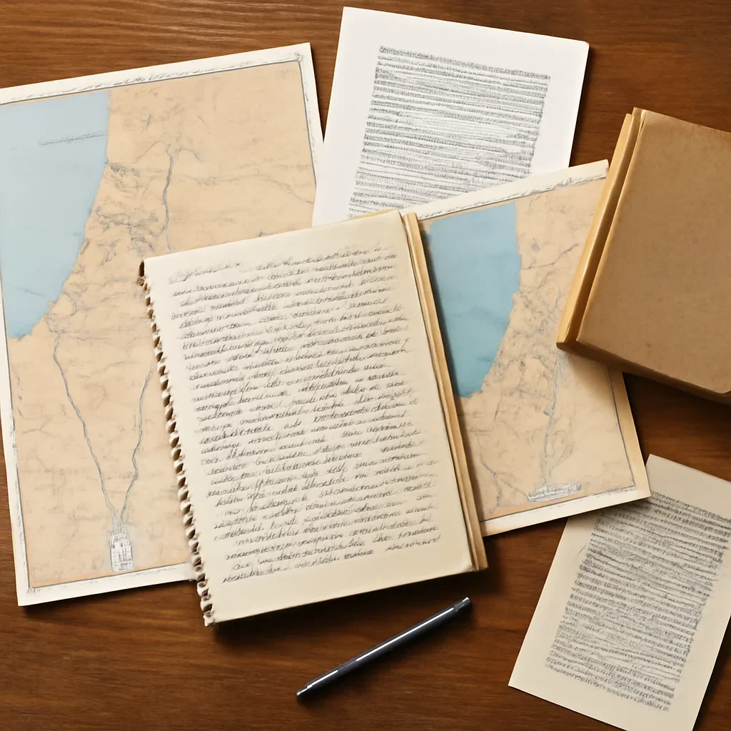 Notes, maps, and reading materials arranged for a guide about best israel newsletter