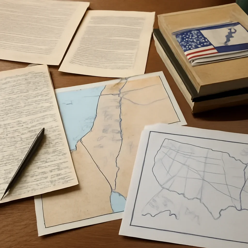 Notes, maps, and reading materials arranged for a guide about america israel relations