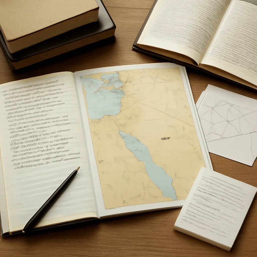 Notes, maps, and reading materials arranged for a guide about abraham accords explained