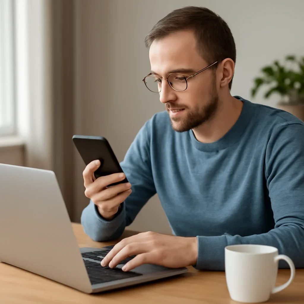 Reader using a phone and laptop to keep up with Israel coverage after reading about aliyah meaning