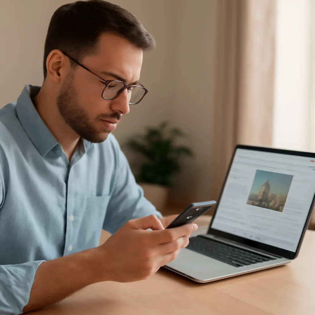 Reader using a phone and laptop to keep up with Israel coverage after reading about west bank terminology israel