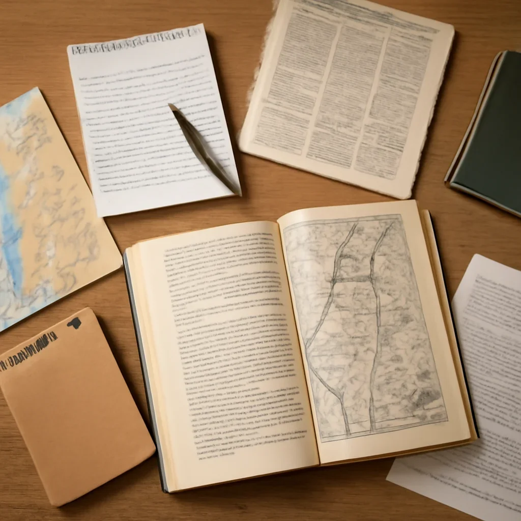 Notes, maps, and reading materials arranged for a guide about idf explained