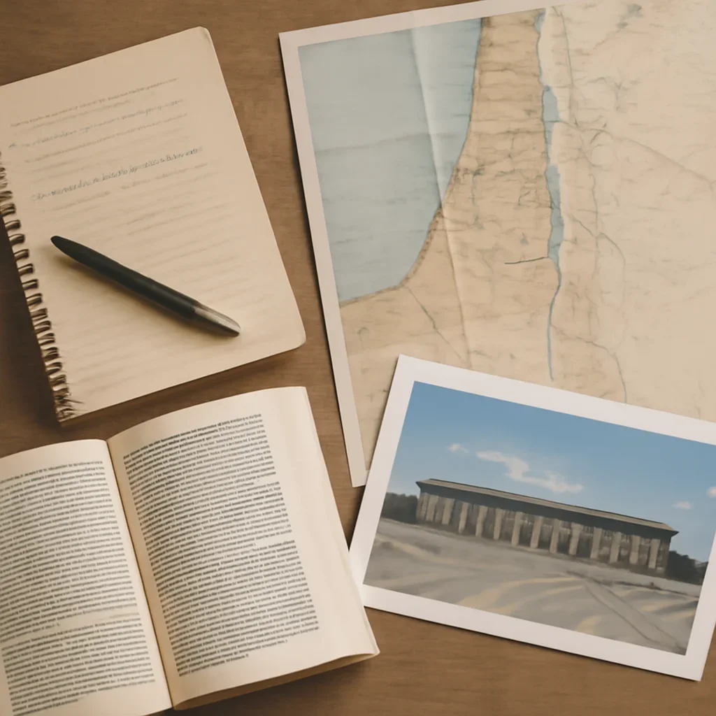 Notes, maps, and reading materials arranged for a guide about knesset explained