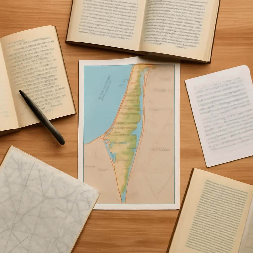 Notes, maps, and reading materials arranged for a guide about startup nation explained