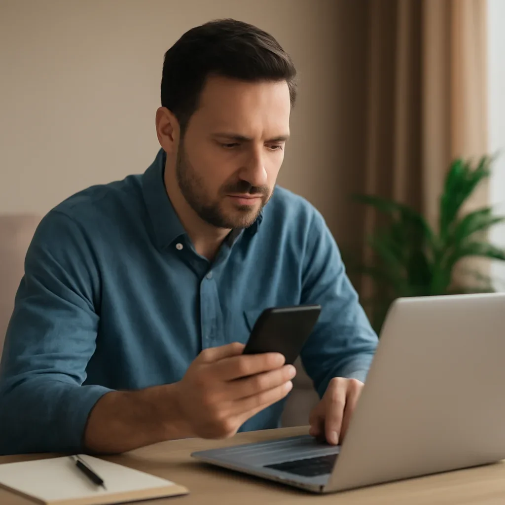 Reader using a phone and laptop to keep up with Israel coverage after reading about jerusalem religion